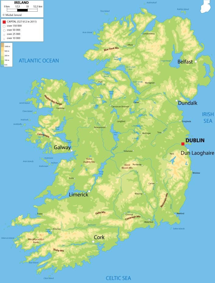 kaart in relief van ierland