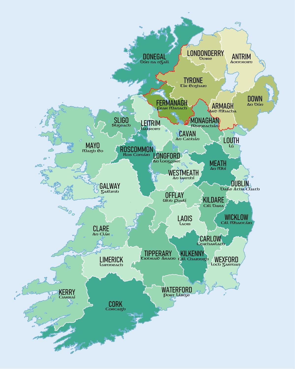 toon kaart van ierland met provincies op het