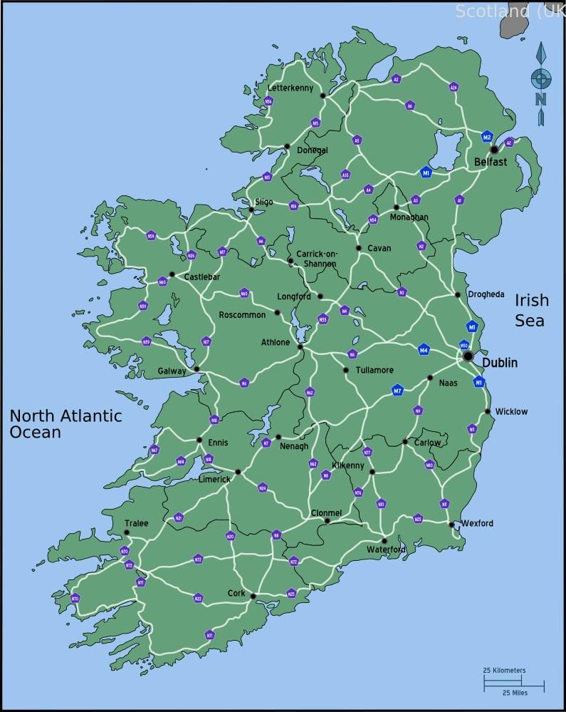 kaart van kaart van ierland afstand