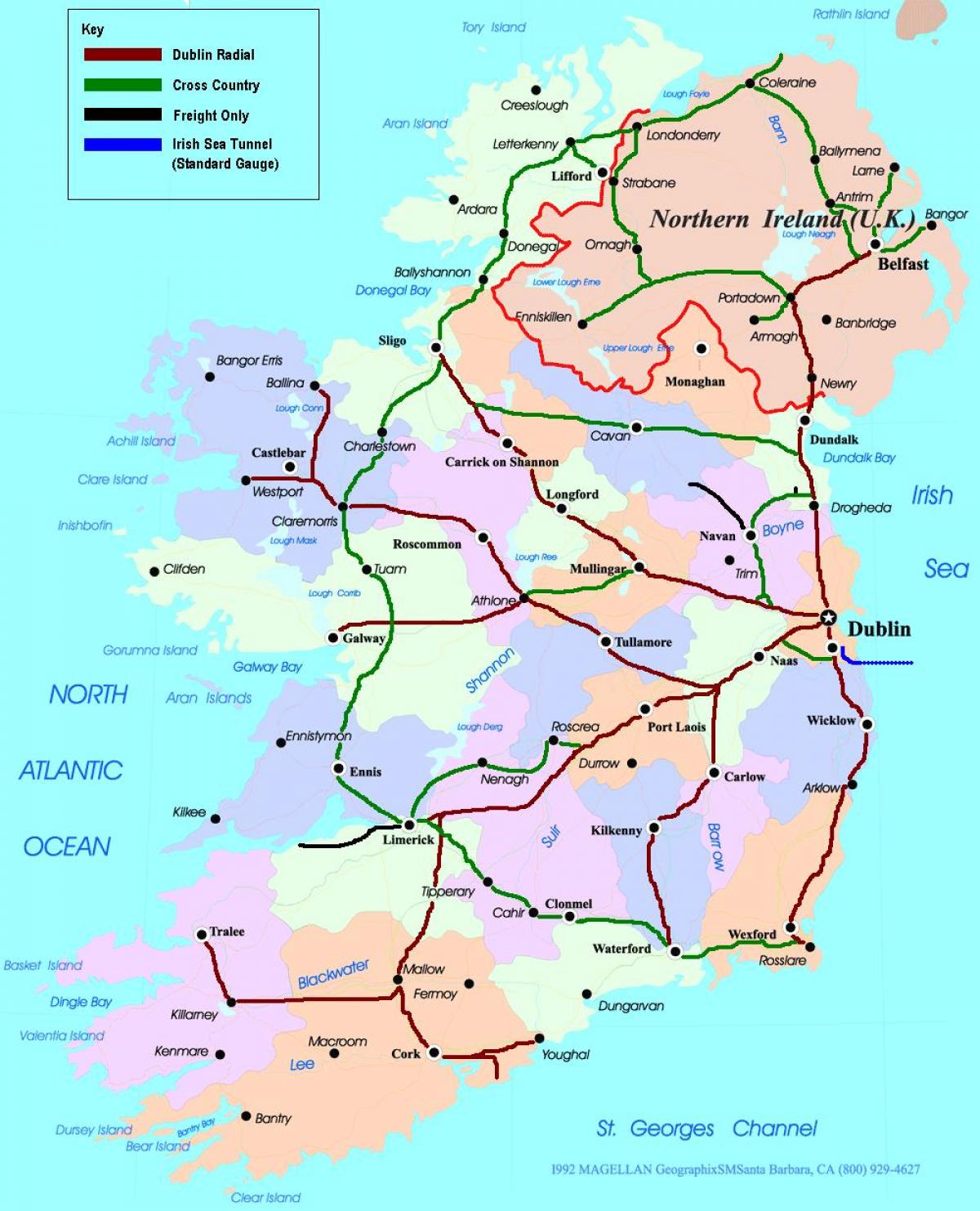 kaart van de trein routes in ierland