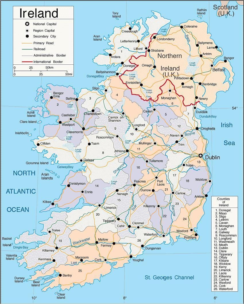 kaart van ierland met dorpen en steden