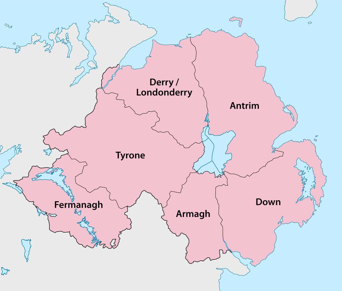 kaart van noord-ierland, provincies en gemeenten