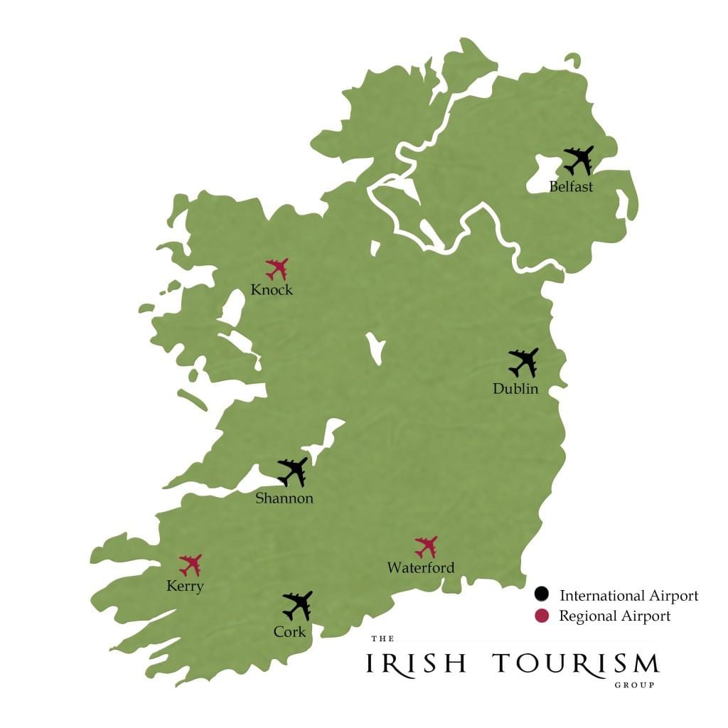 kaart van zuid-ierland, luchthavens