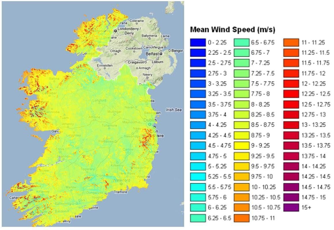 de windsnelheid kaart van ierland